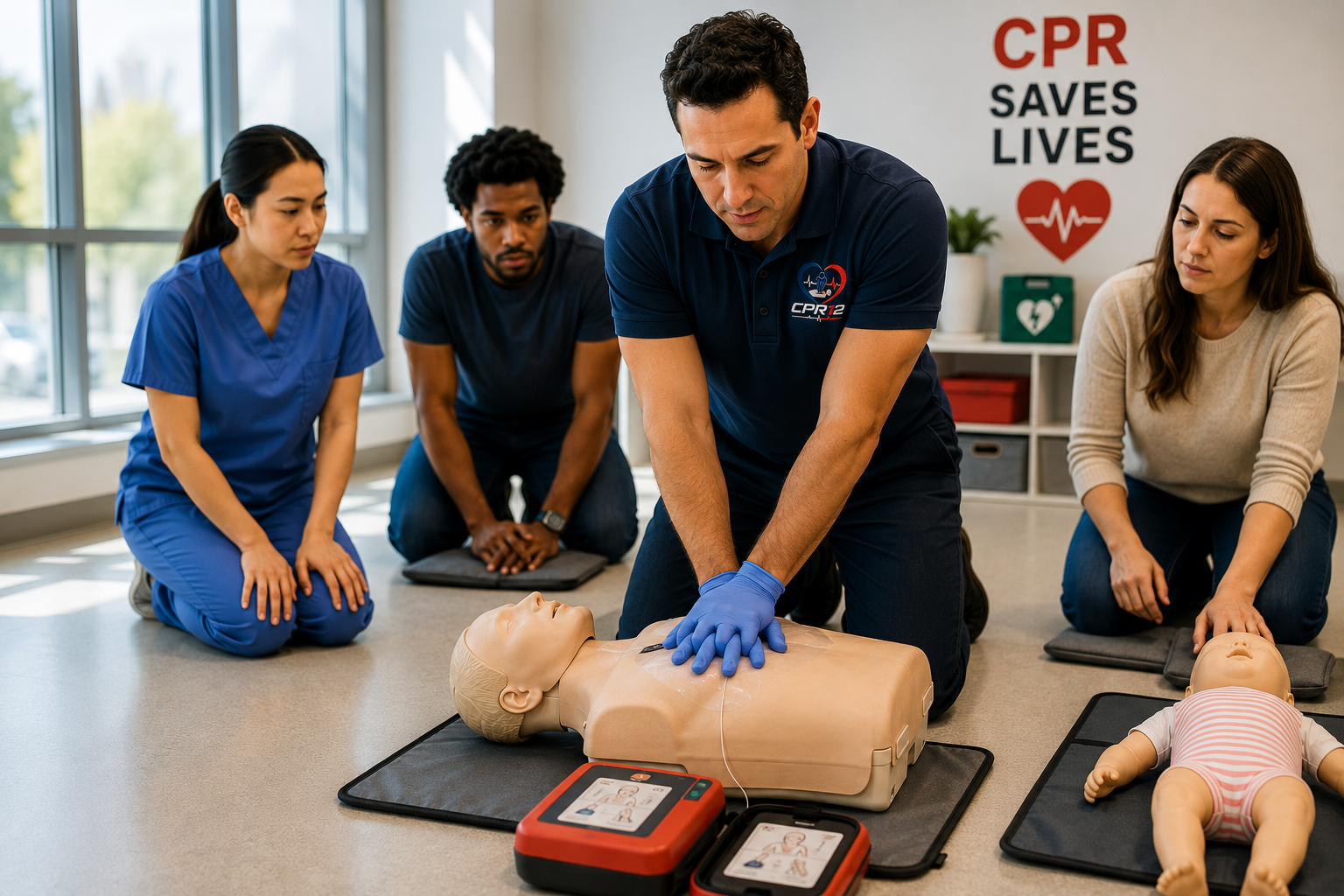 CPR training class with adult and infant manikins